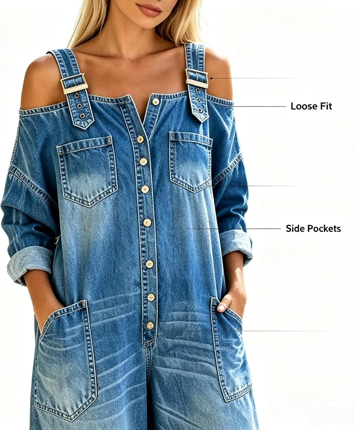 Denimora | Off-Shoulder Wide-Leg Overalls