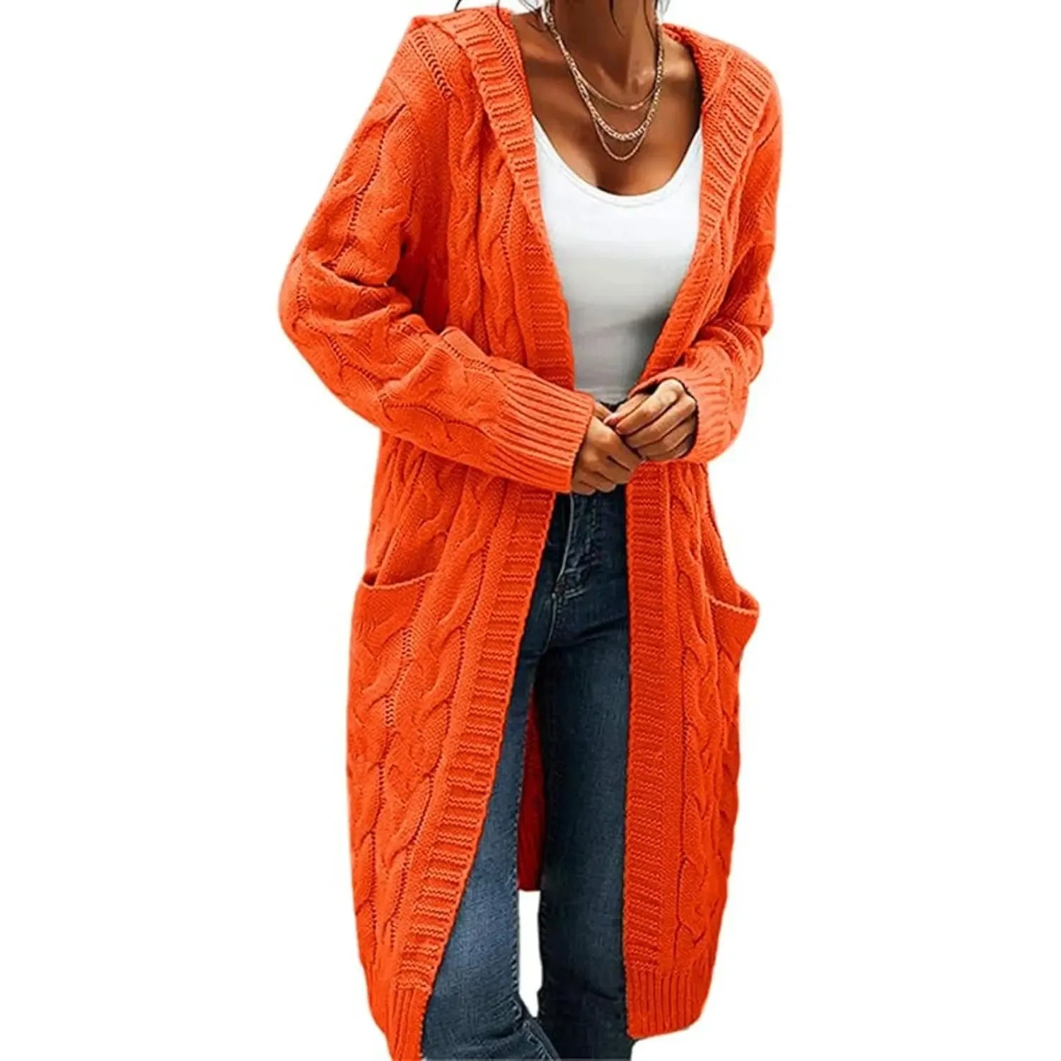 Women's Chunky Cable-Knit Hooded Cardigan Coat - H-Type, Open Front, Baggy Oversized, Acrylic, Long Chunky Knit Sleeves, Stretchy, Knitwear for Work & Casual Wear, All-Season Tops