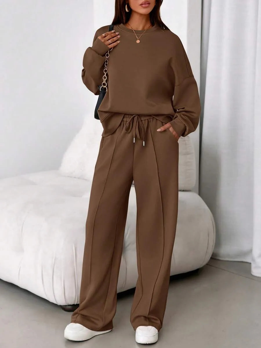 Women's Fall Winter New Long Sleeve Round Neck Sweatshirt and Pants Set, Casual Loose-Fitting Two-Piece Fashion, Travel Party Inspiration