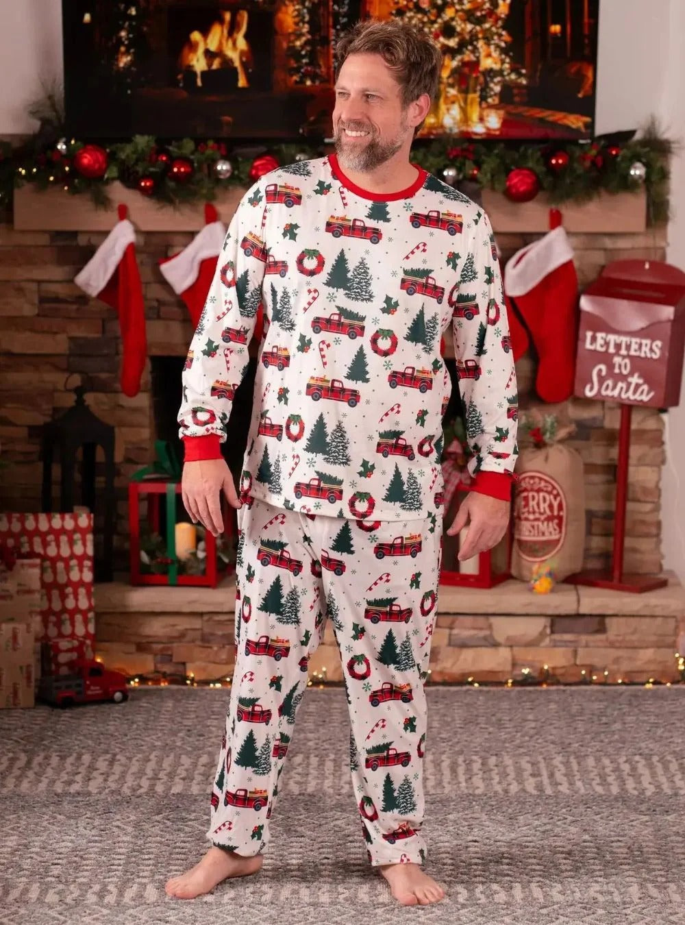 Superb white pajamas with Christmas trees red trucks motifs for all the family