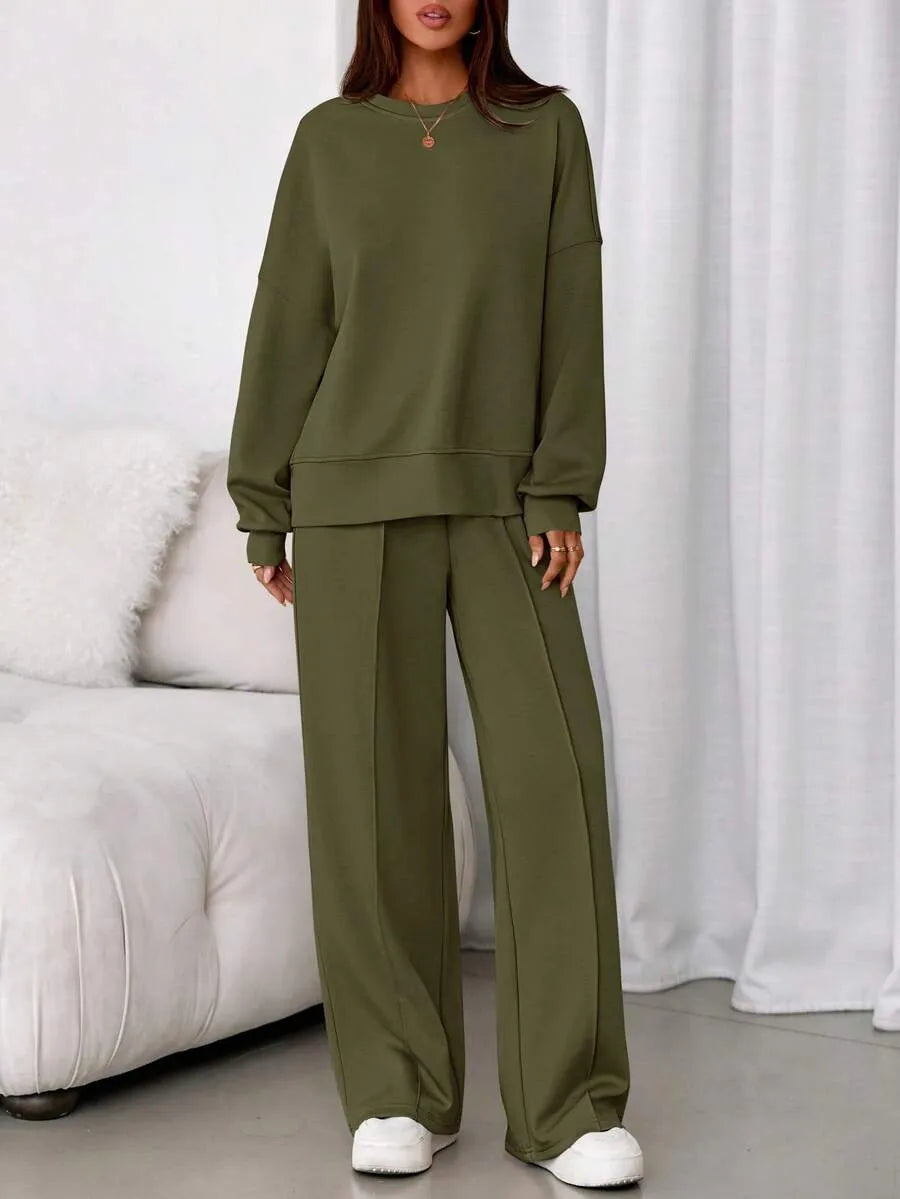 Women's Fall Winter New Long Sleeve Round Neck Sweatshirt and Pants Set, Casual Loose-Fitting Two-Piece Fashion, Travel Party Inspiration