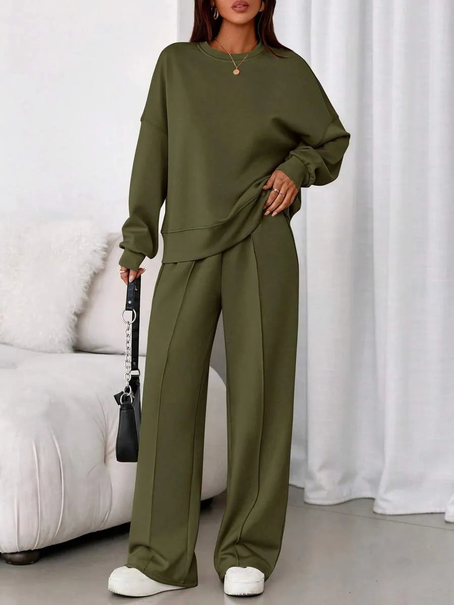 Women's Fall Winter New Long Sleeve Round Neck Sweatshirt and Pants Set, Casual Loose-Fitting Two-Piece Fashion, Travel Party Inspiration