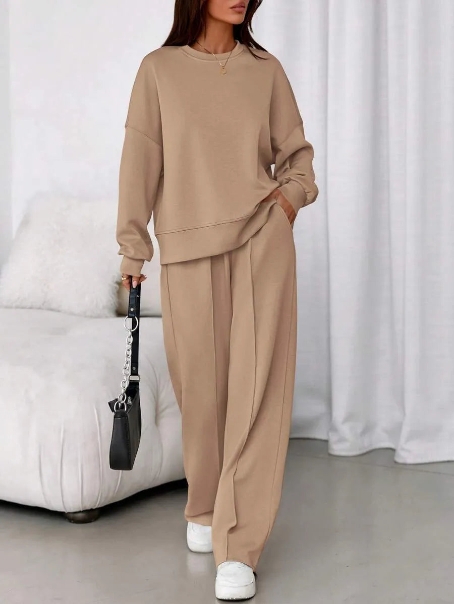 Women's Fall Winter New Long Sleeve Round Neck Sweatshirt and Pants Set, Casual Loose-Fitting Two-Piece Fashion, Travel Party Inspiration