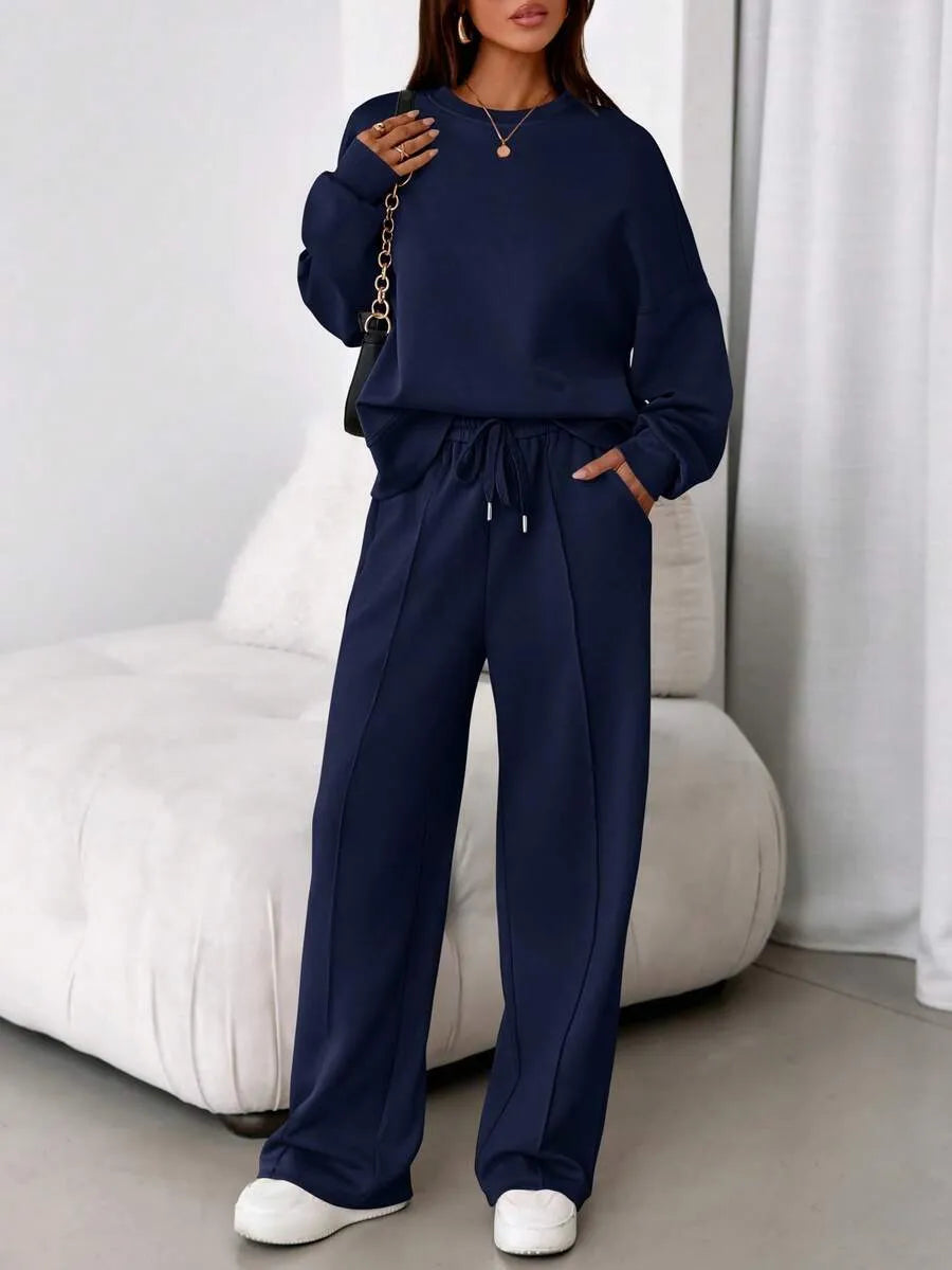 Women's Fall Winter New Long Sleeve Round Neck Sweatshirt and Pants Set, Casual Loose-Fitting Two-Piece Fashion, Travel Party Inspiration