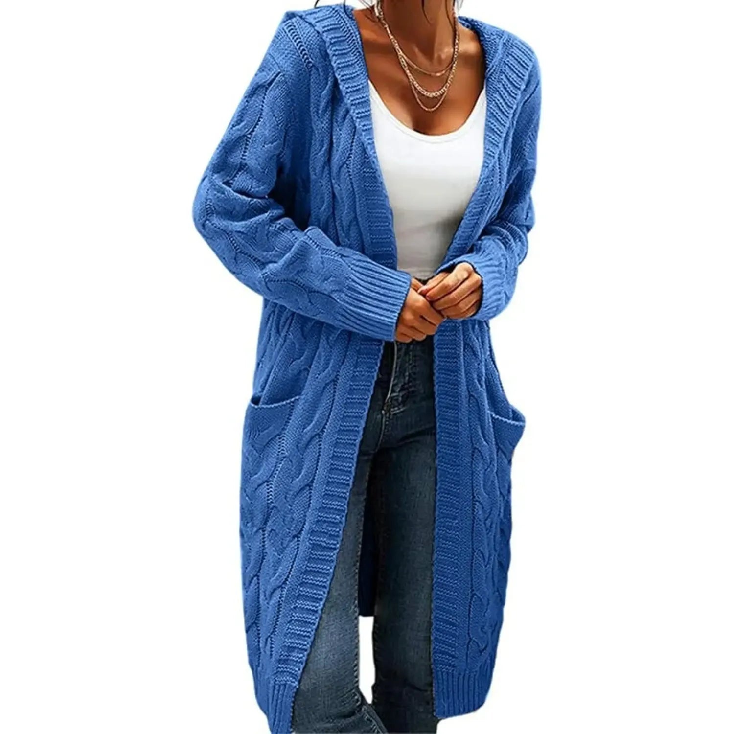 Women's Chunky Cable-Knit Hooded Cardigan Coat - H-Type, Open Front, Baggy Oversized, Acrylic, Long Chunky Knit Sleeves, Stretchy, Knitwear for Work & Casual Wear, All-Season Tops