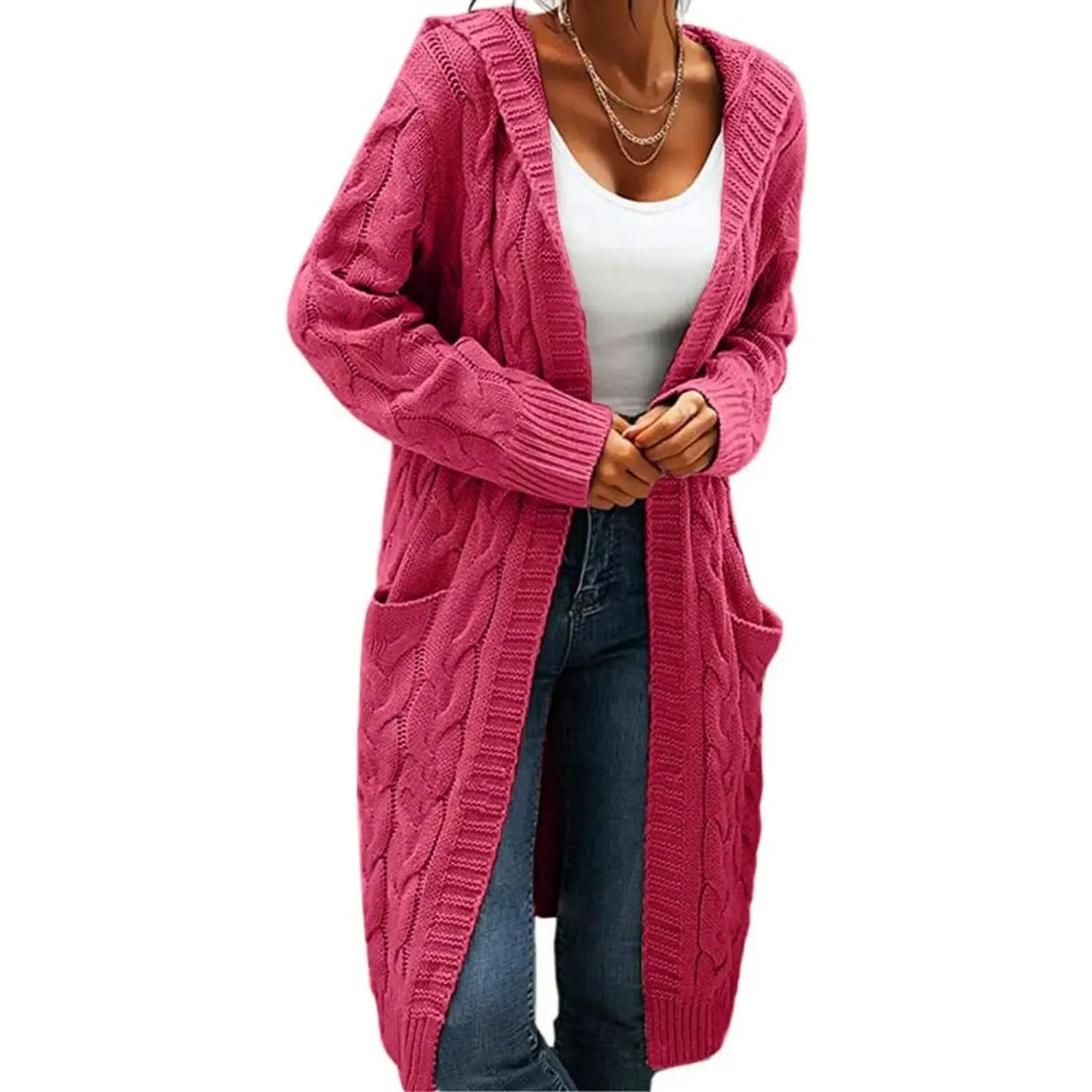 Women's Chunky Cable-Knit Hooded Cardigan Coat - H-Type, Open Front, Baggy Oversized, Acrylic, Long Chunky Knit Sleeves, Stretchy, Knitwear for Work & Casual Wear, All-Season Tops