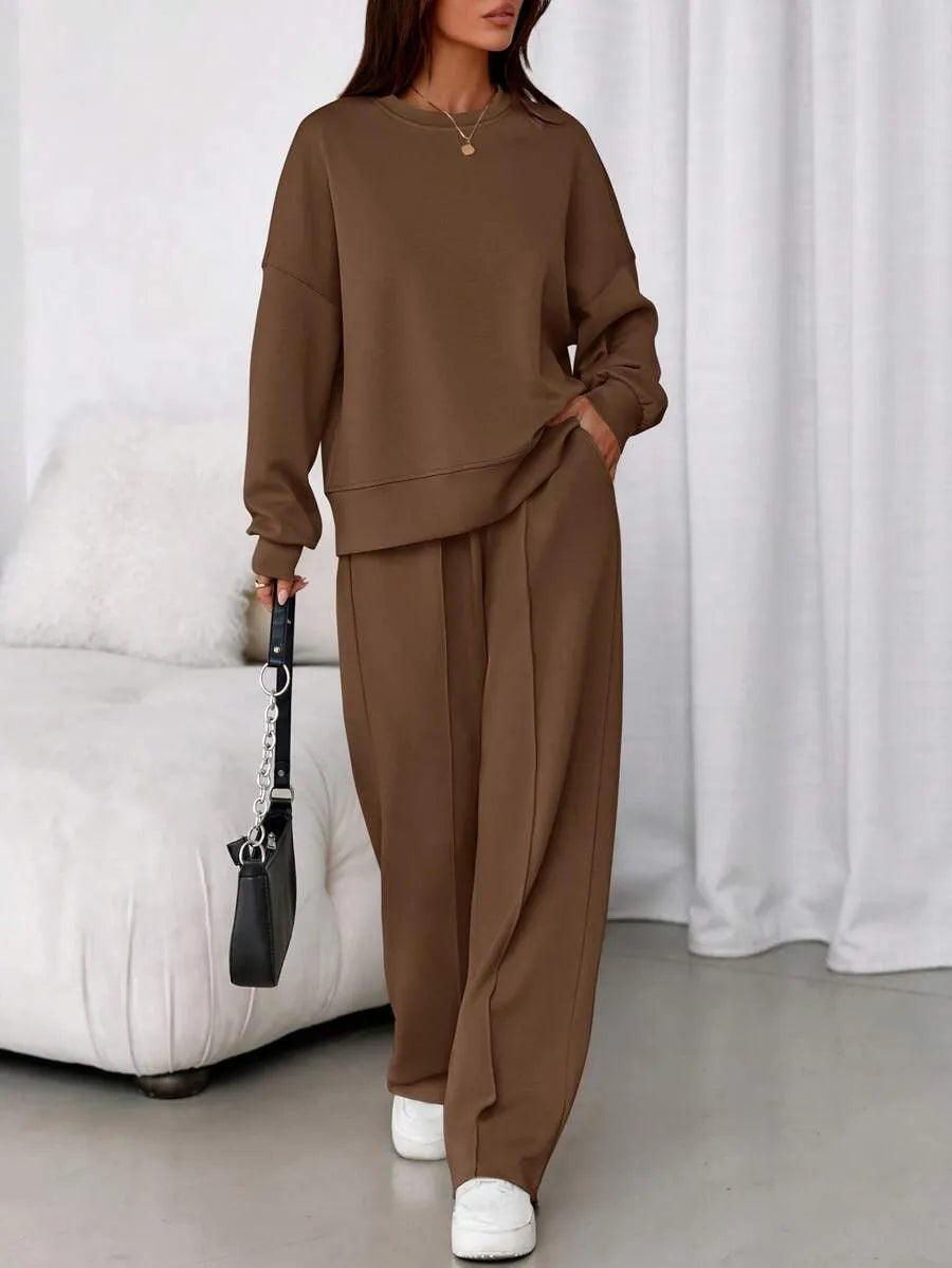 Women's Fall Winter New Long Sleeve Round Neck Sweatshirt and Pants Set, Casual Loose-Fitting Two-Piece Fashion, Travel Party Inspiration