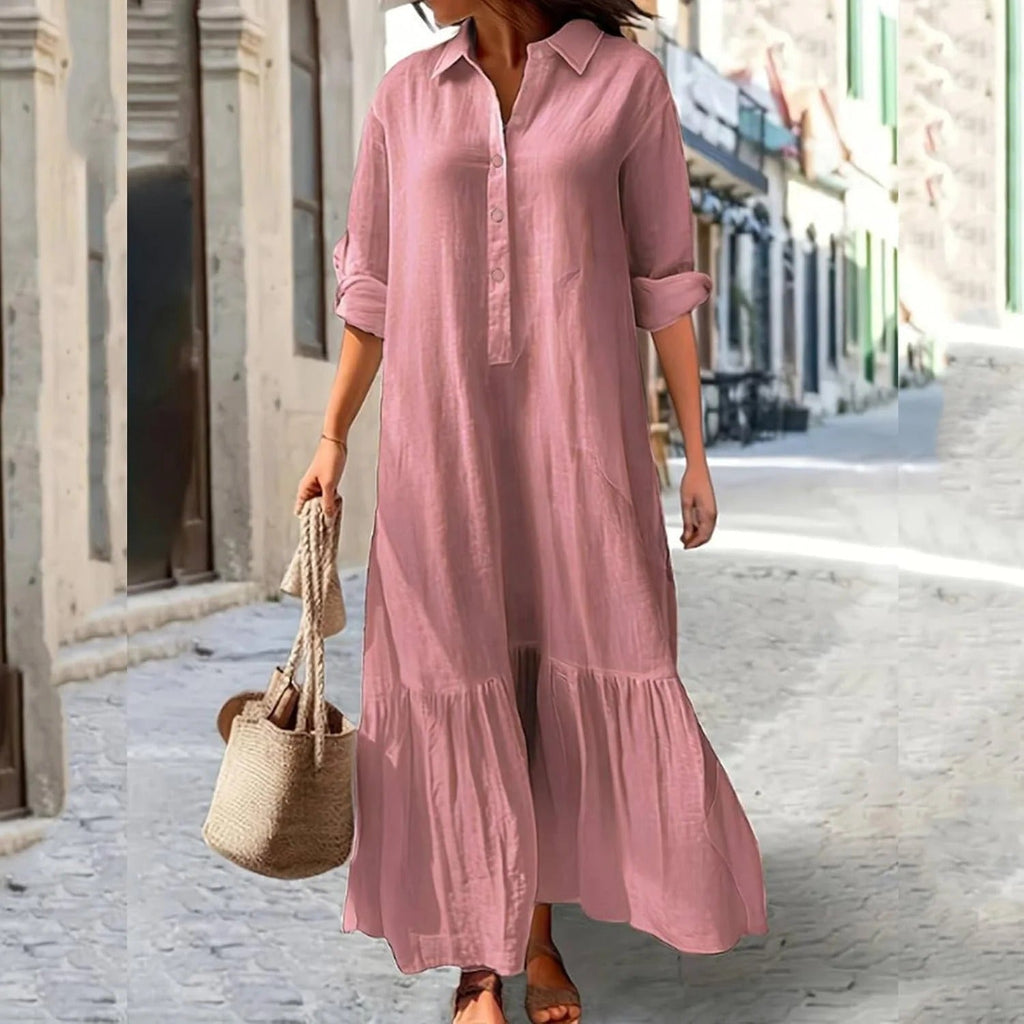 Women's Maxi Dress Linen-feel Dresses Faux Cotton Linen Shirt Dress Kaftan Dress Basic Casual Daily Vacation Regular Fit Plain Long Sleeve V Neck