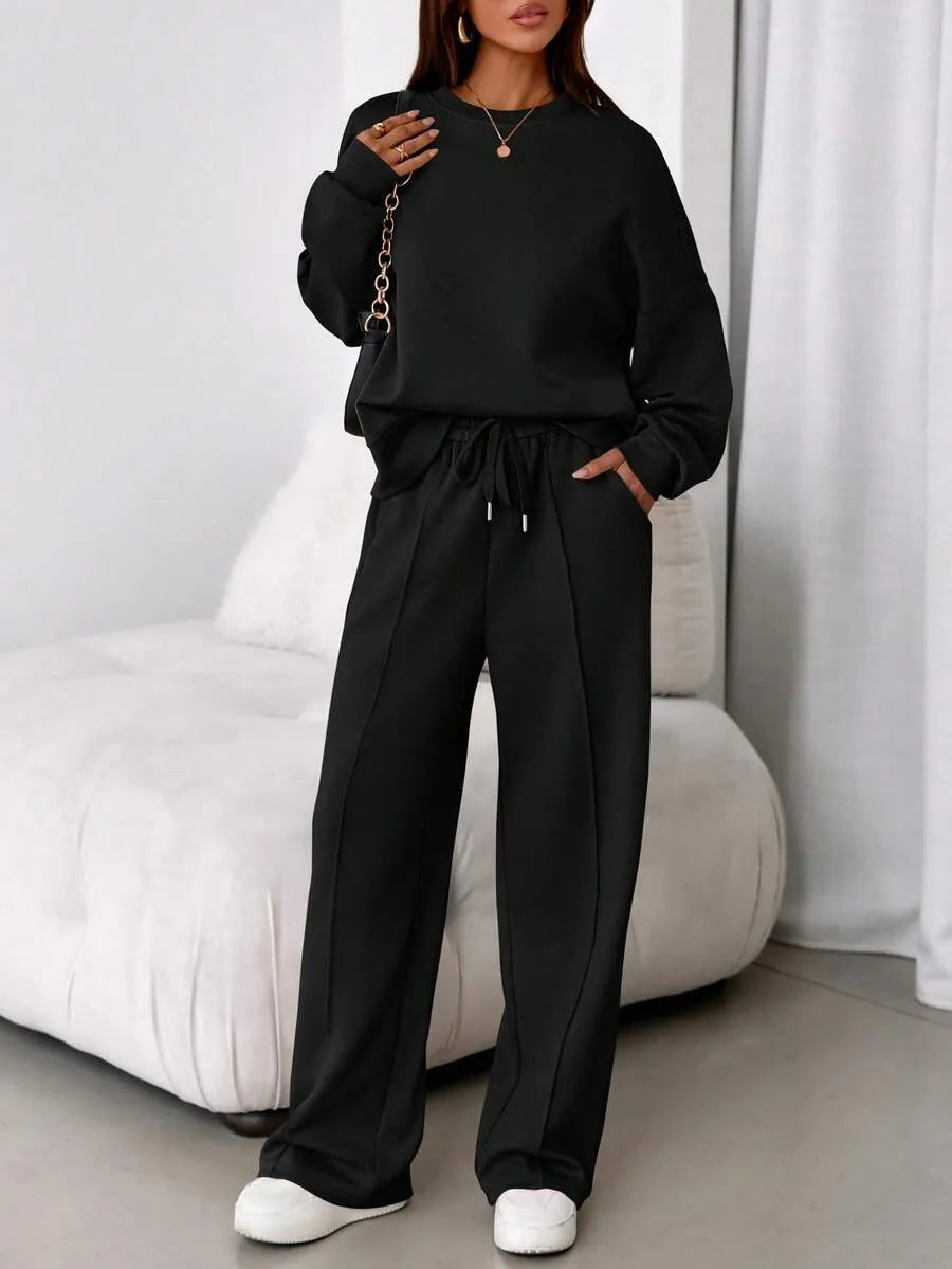 Women's Fall Winter New Long Sleeve Round Neck Sweatshirt and Pants Set, Casual Loose-Fitting Two-Piece Fashion, Travel Party Inspiration