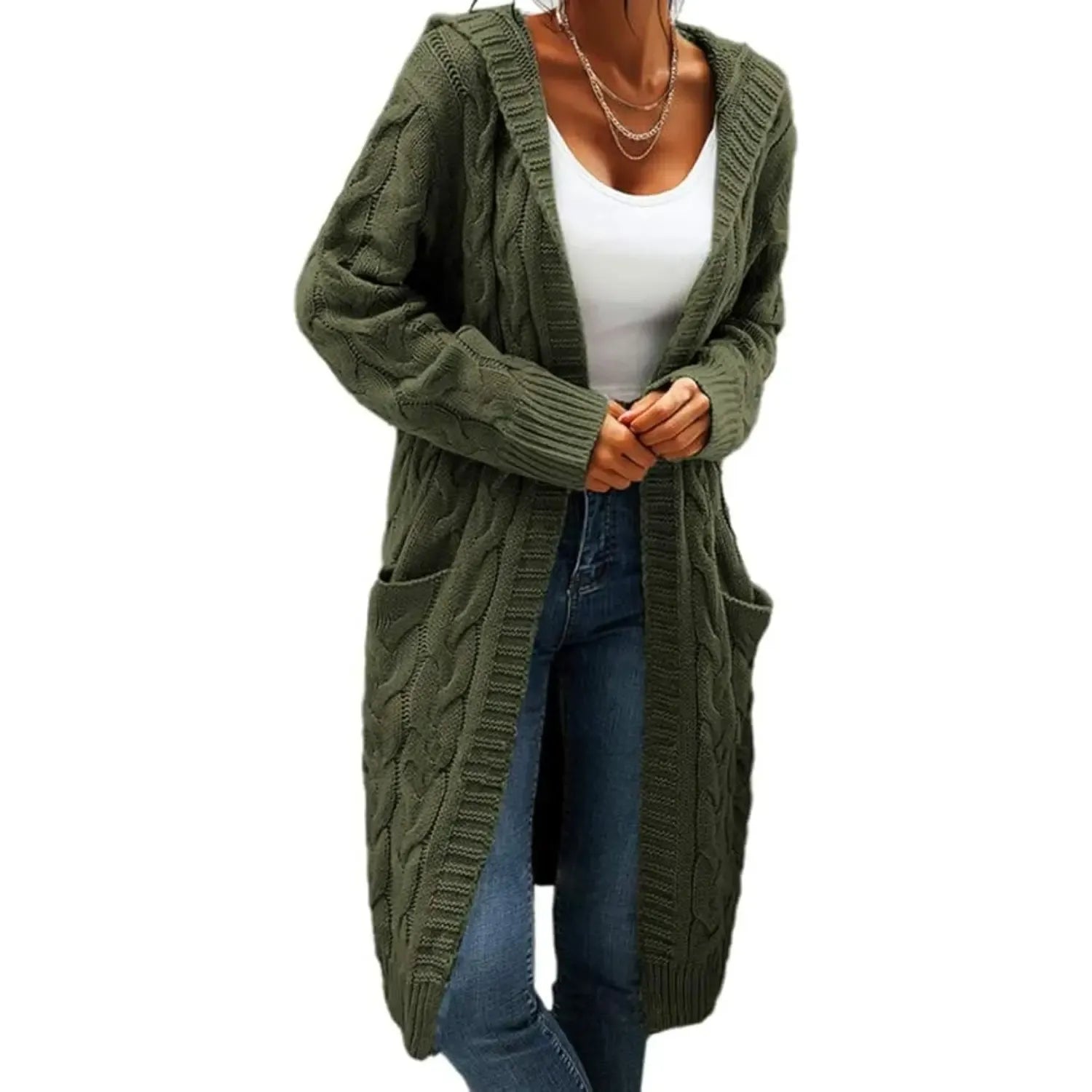 Women's Chunky Cable-Knit Hooded Cardigan Coat - H-Type, Open Front, Baggy Oversized, Acrylic, Long Chunky Knit Sleeves, Stretchy, Knitwear for Work & Casual Wear, All-Season Tops