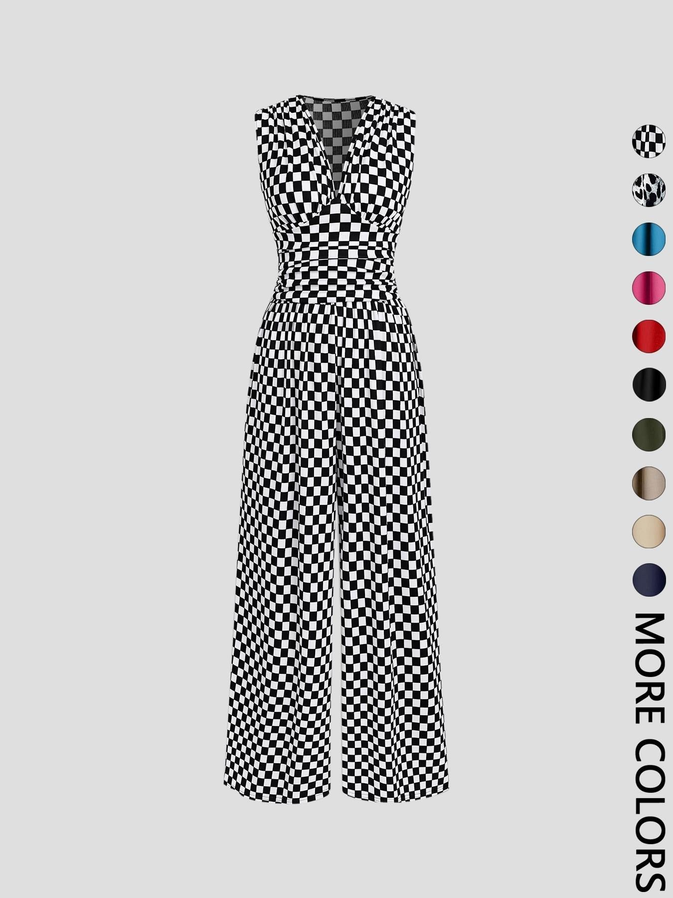Women's Ruched Deep V Neck Wide Leg Jumpsuit