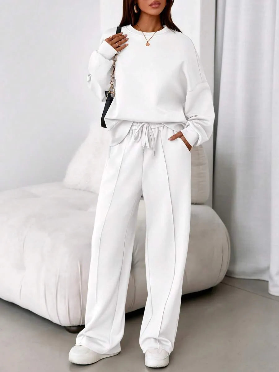 Women's Fall Winter New Long Sleeve Round Neck Sweatshirt and Pants Set, Casual Loose-Fitting Two-Piece Fashion, Travel Party Inspiration