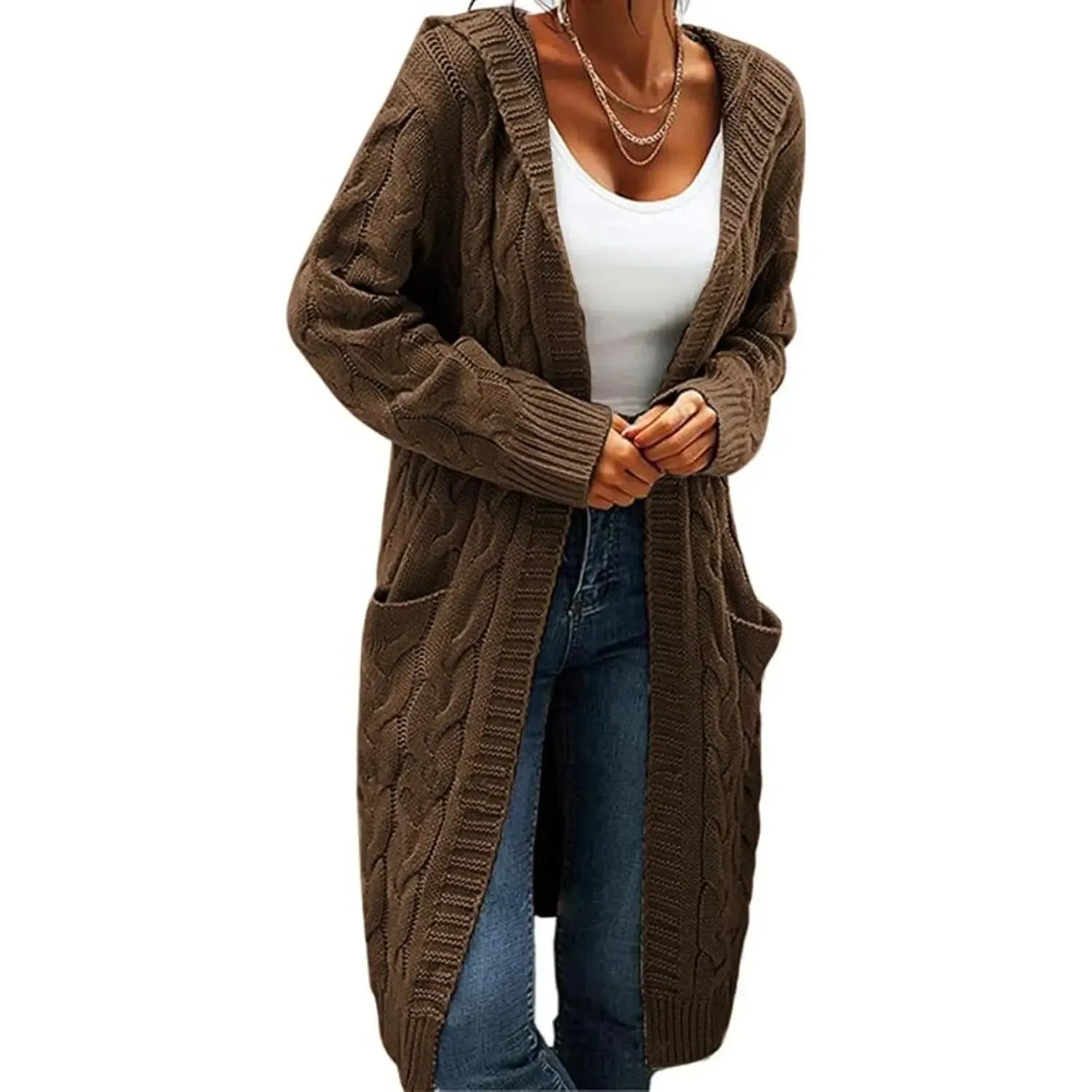 Women's Chunky Cable-Knit Hooded Cardigan Coat - H-Type, Open Front, Baggy Oversized, Acrylic, Long Chunky Knit Sleeves, Stretchy, Knitwear for Work & Casual Wear, All-Season Tops