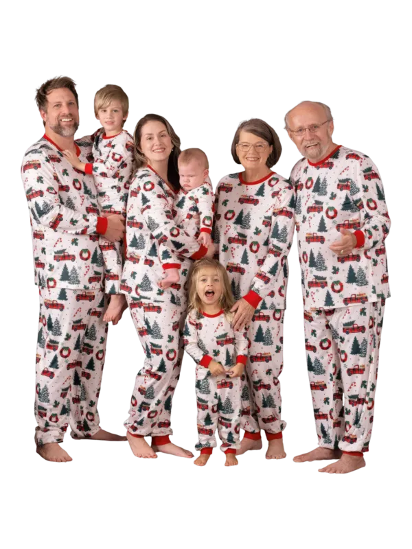 Superb white pajamas with Christmas trees red trucks motifs for all the family