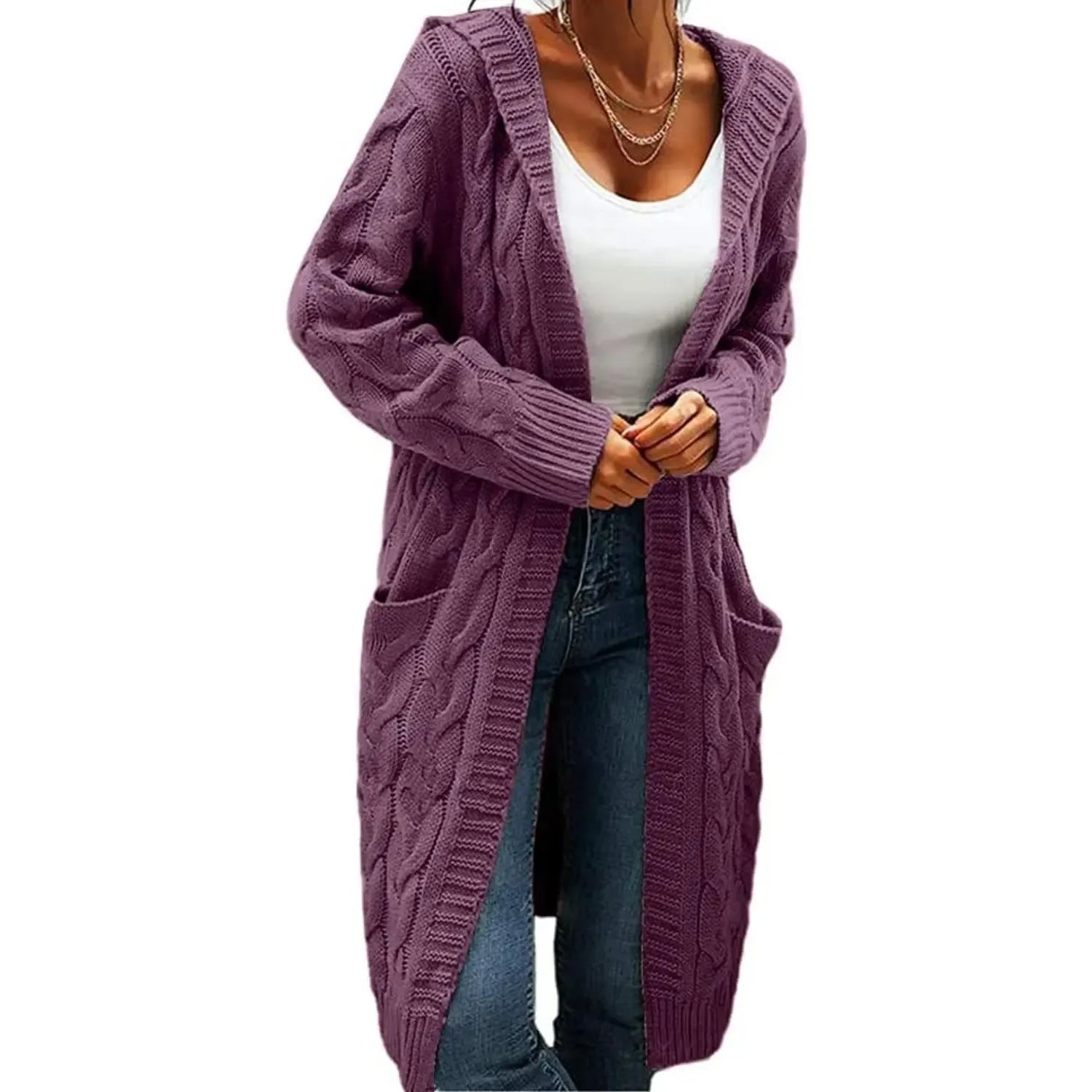Women's Chunky Cable-Knit Hooded Cardigan Coat - H-Type, Open Front, Baggy Oversized, Acrylic, Long Chunky Knit Sleeves, Stretchy, Knitwear for Work & Casual Wear, All-Season Tops