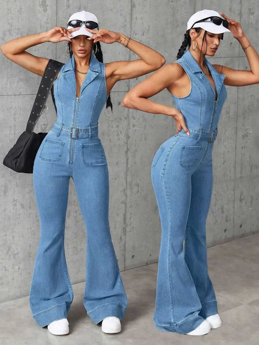 Women Zip Front Pockets Flare Leg Loose Casual Denim Jumpsuit