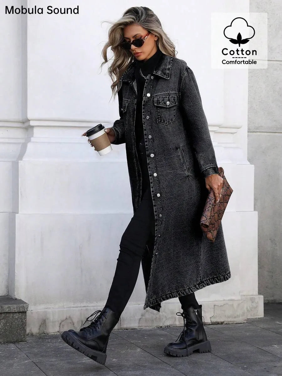 Women's Button Front Denim Coat, Elegant Casual Long Sleeve Denim Jacket for Spring & Fall, Women's Clothing for Daily Wear, Outerwear