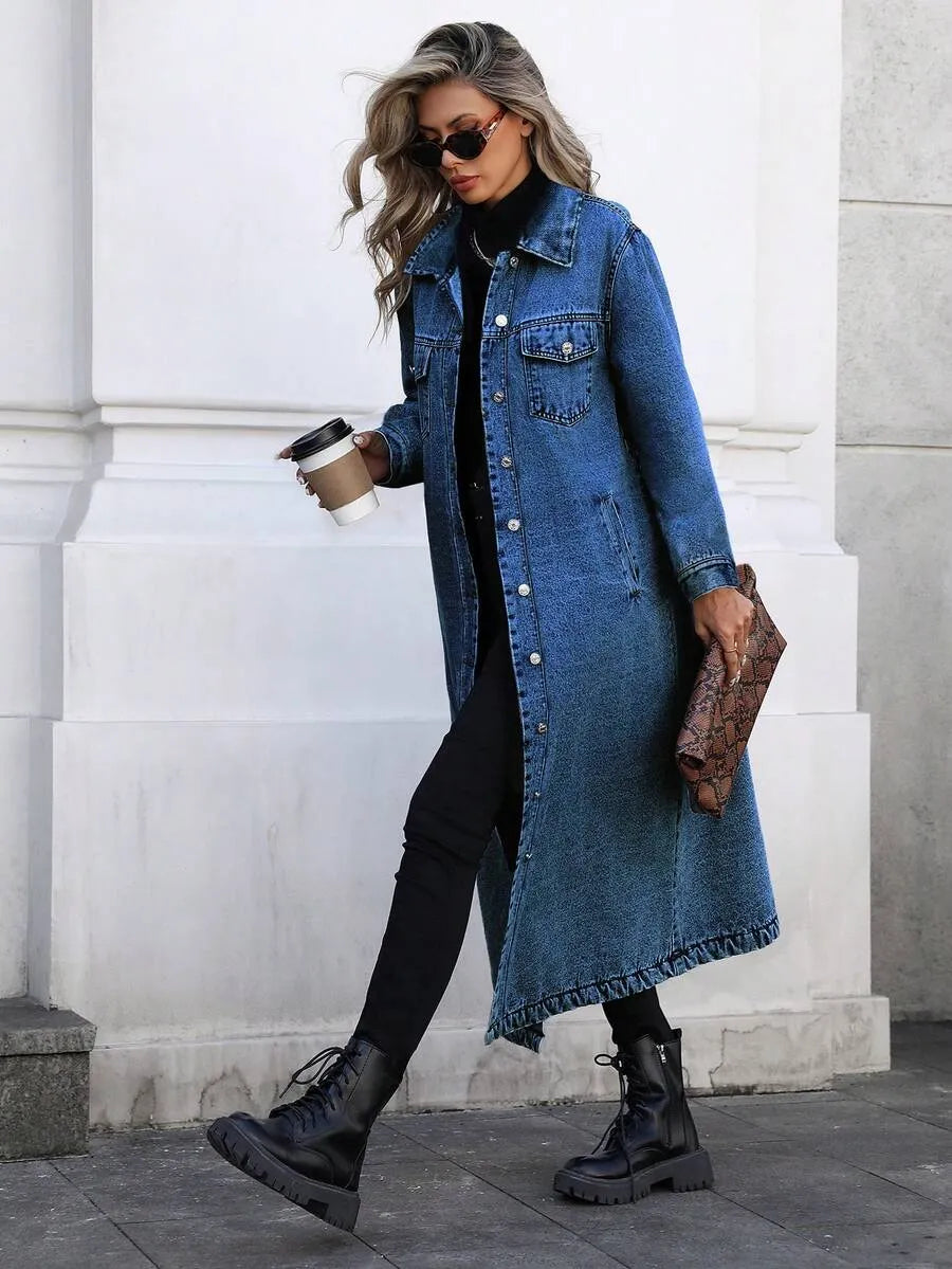 Women's Button Front Denim Coat, Elegant Casual Long Sleeve Denim Jacket for Spring & Fall, Women's Clothing for Daily Wear, Outerwear
