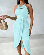 Halter Tie Criss Cross Front Knit Jacquard Textured Slit Dress Casual Hollow-out Draped Vacation Dress