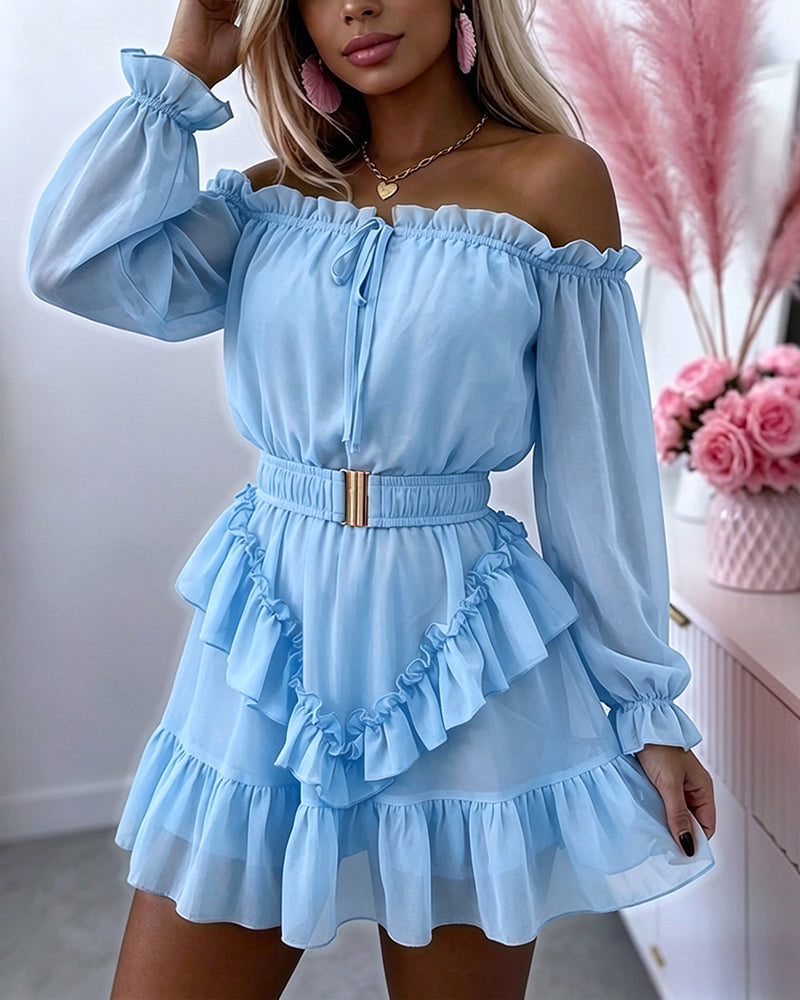 Women's Off Shoulder Frill Trim Mini A Line Dress Flowy Chiffon Ruffle Hem Party Dress with Belt & Built-In Shorts