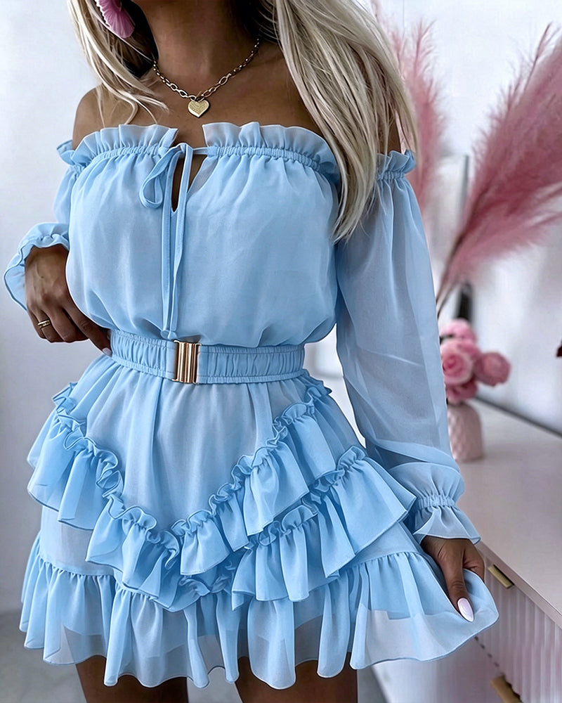 Women's Off Shoulder Frill Trim Mini A Line Dress Flowy Chiffon Ruffle Hem Party Dress with Belt & Built-In Shorts