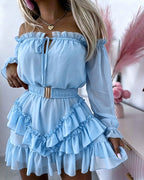 Women's Off Shoulder Frill Trim Mini A Line Dress Flowy Chiffon Ruffle Hem Party Dress with Belt & Built-In Shorts