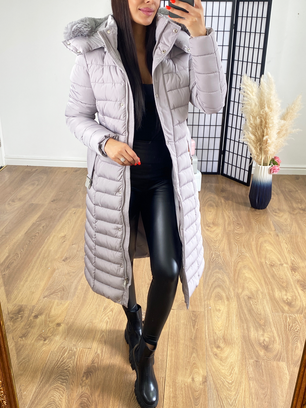 Lennon Light Grey Faux Faur Hood Belted Maxi Puffer Coat