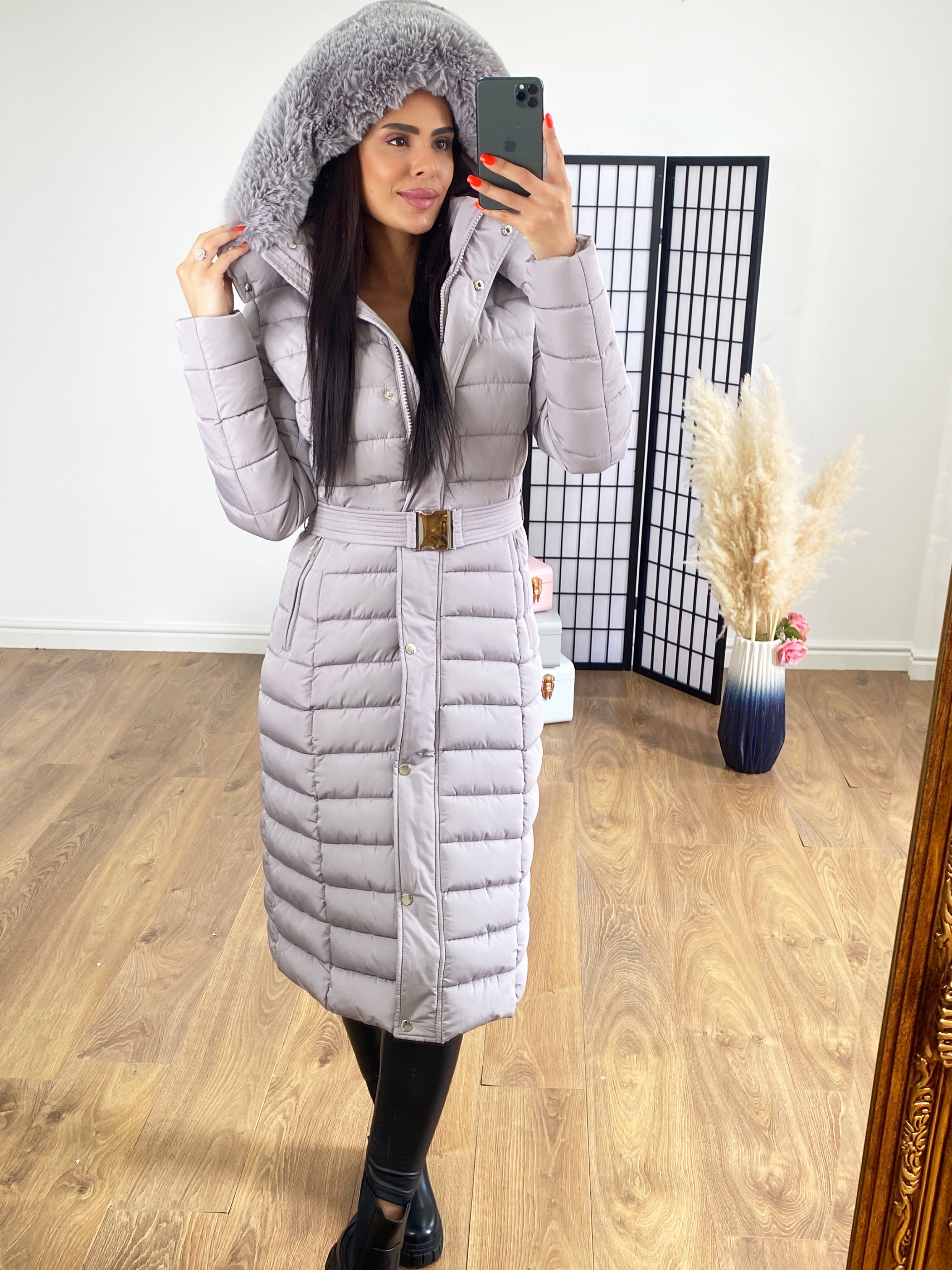 Lennon Light Grey Faux Faur Hood Belted Maxi Puffer Coat