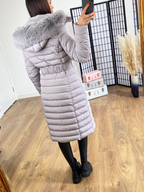 Lennon Light Grey Faux Faur Hood Belted Maxi Puffer Coat