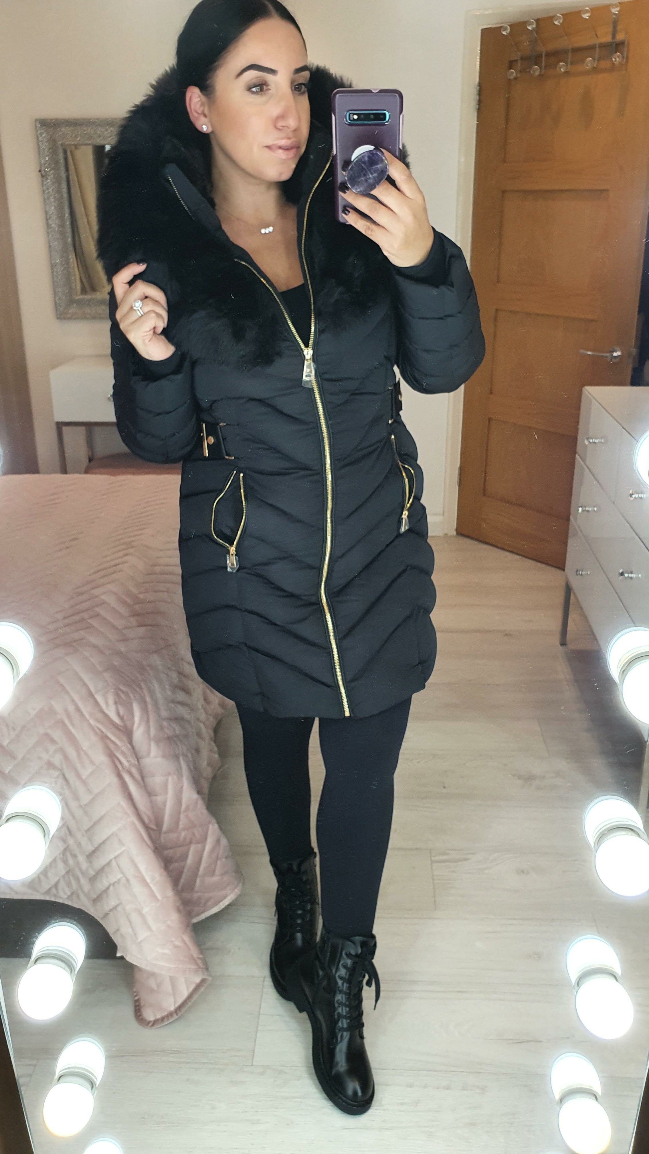 Lorna Black Faux Fur Hooded Belt Coat