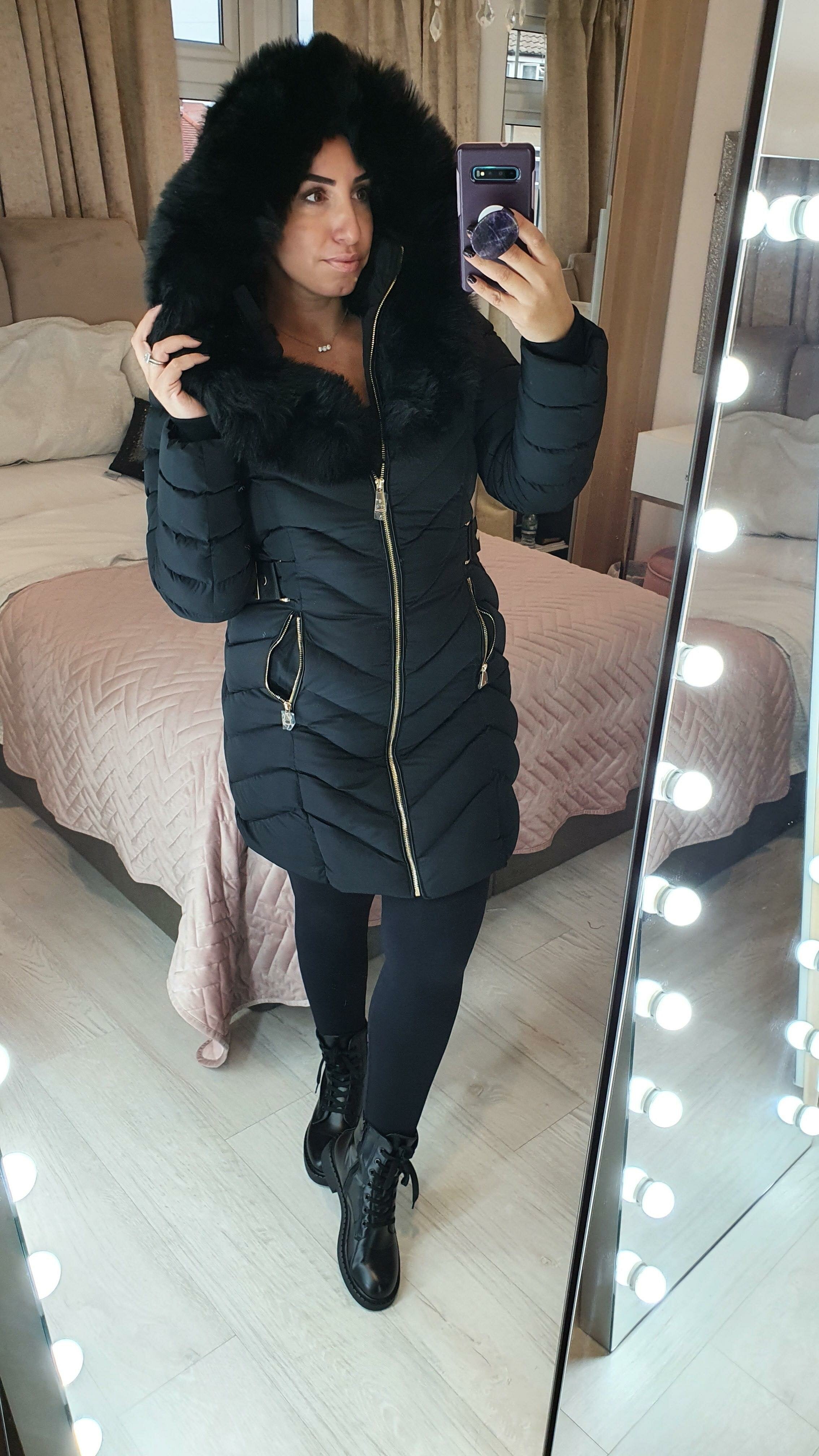 Lorna Black Faux Fur Hooded Belt Coat