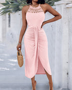 Halter Tie Criss Cross Front Knit Jacquard Textured Slit Dress Casual Hollow-out Draped Vacation Dress