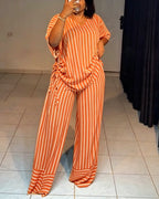 Women's Striped 2 Piece Outfits V Neck Short Sleeve Drawstring Top and Wide Leg Pants Set with Pockets