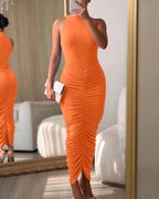 Women's Mock Neck Sleeveless Ruched Bodycon Dress Sexy Racerback Slit Slim Fit Party Dress