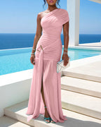 CHICME Women's One Shoulder Ruched Mesh Maxi Dress Gold Buckle High Slit Bodycon Evening Gown Party Dress
