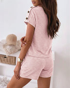 Women's V Neck Short Sleeve Top and Drawstring Shorts Set Casual Loose Fit Loungewear Two Piece Outfit with Pockets