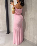 Foldover Off Shoulder Ruched Cinched Waist Minimalist Evening Dress Slim Fit Mermaid Hem Party Dress