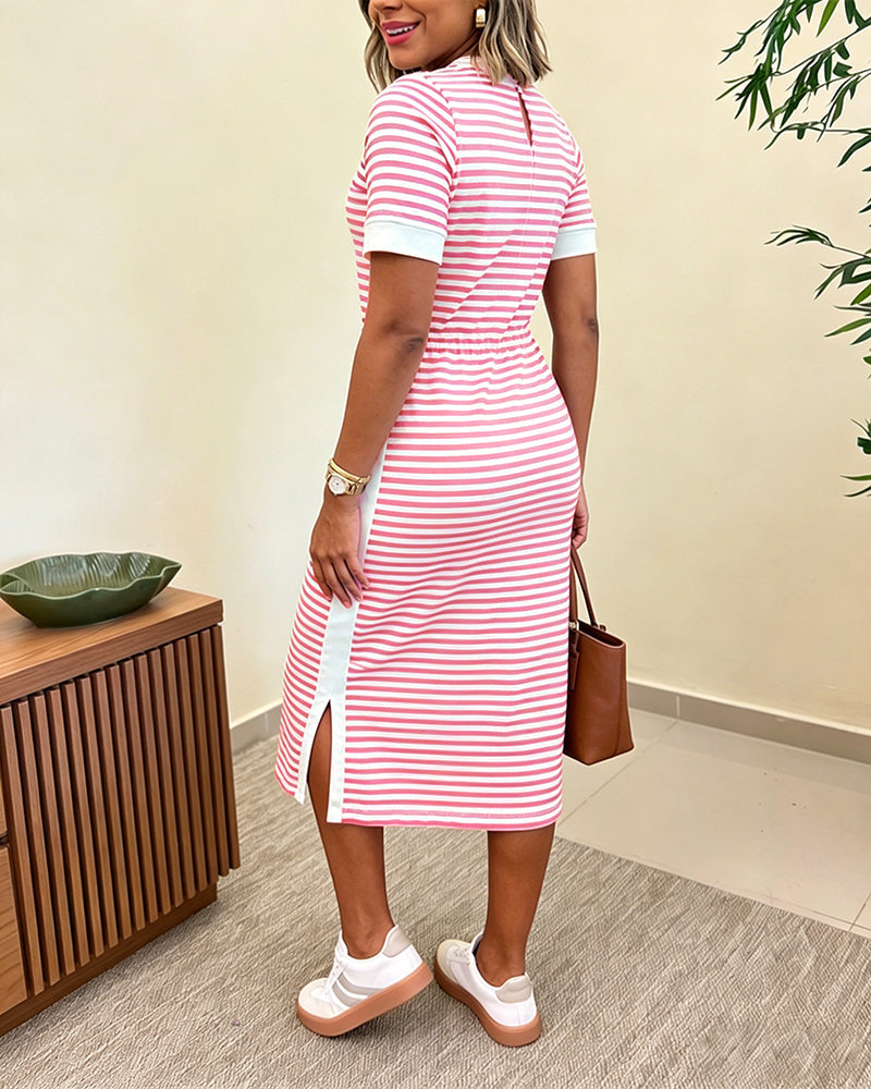 Women's Striped Colorblock Midi T-Shirt Dress Casual Crew Neck Waist-Cinching Slit Dress with Pockets