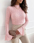 CHICME Women's Heart Jacquard Knit Top Mock Neck Long Sleeve Flare Cuff Slim Fit Blouse with Frill Trim and Hollow-out Details