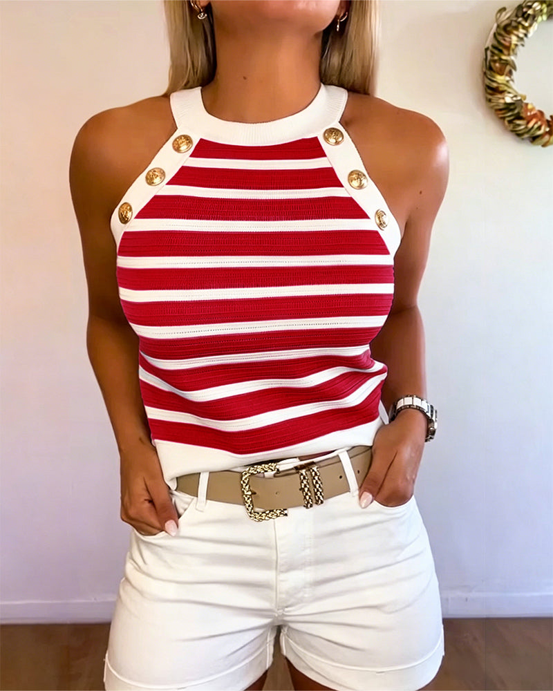 Striped Halter Sleeveless Tank Causal Golden Button Decor Breathable Knit Top