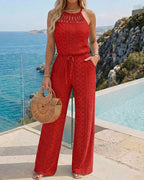 CHICME Women's Halter Tie Knit Jacquard Jumpsuit Hollow-Out Criss-Cross Front Wide-Leg Romper with Adjustable Drawstring Waist
