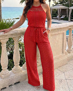 CHICME Women's Halter Tie Knit Jacquard Jumpsuit Hollow-Out Criss-Cross Front Wide-Leg Romper with Adjustable Drawstring Waist