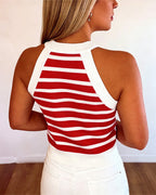 Striped Halter Sleeveless Tank Causal Golden Button Decor Breathable Knit Top