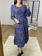 Renace Blue Polka Dot Elasticated Tiered Midi Dress
