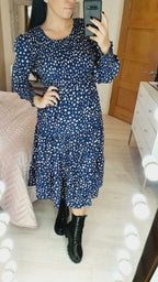 Renace Blue Polka Dot Elasticated Tiered Midi Dress
