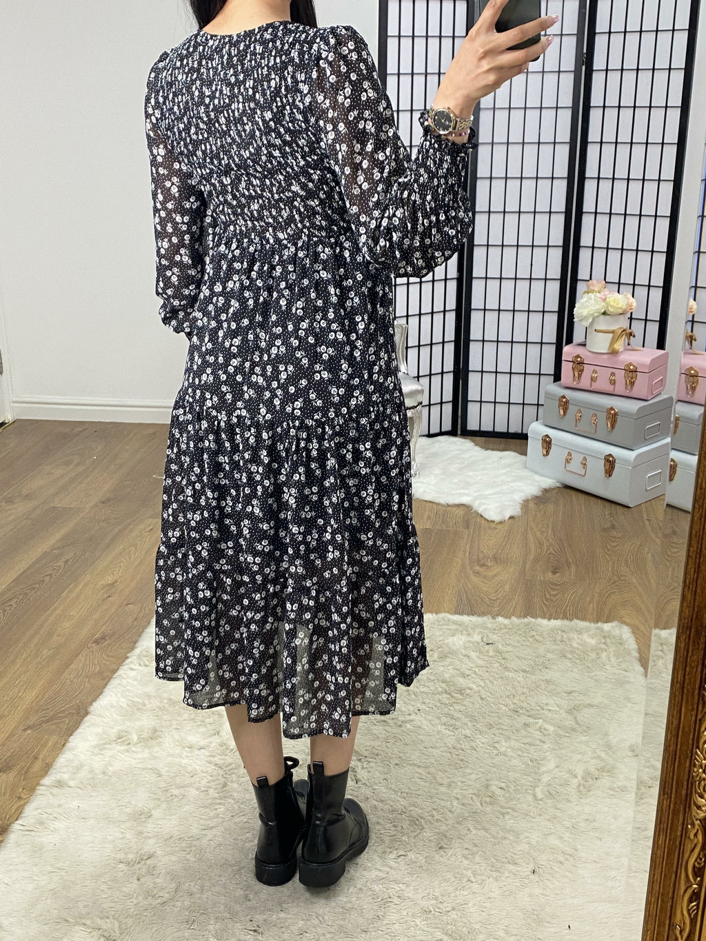 Sunita Black White Floral Print Elasticated Tiered Midi Dress