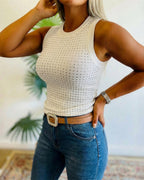 Rhinestone Decor O-neck Sleeveless Tee Slim Fit Ribbed Tank Top